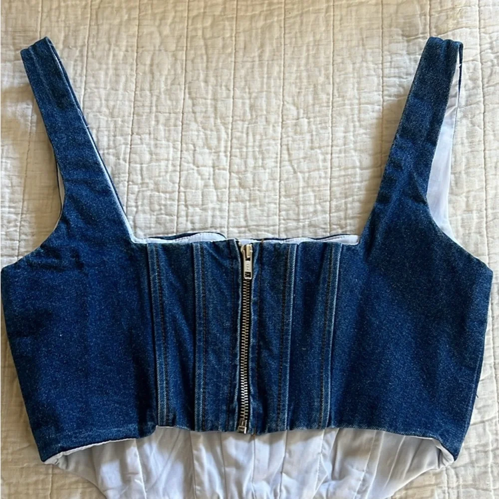 Gianni Bini Dark Blue Denim Corset Crop Top - Picture 2 of 2